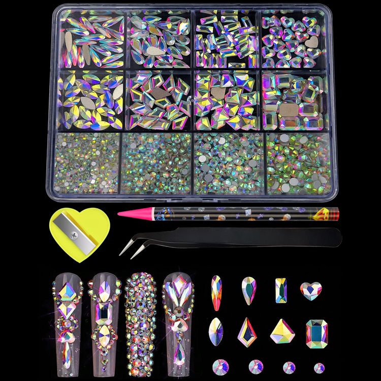 12-Grid Iridescent Flat-Back Nail Rhinestones