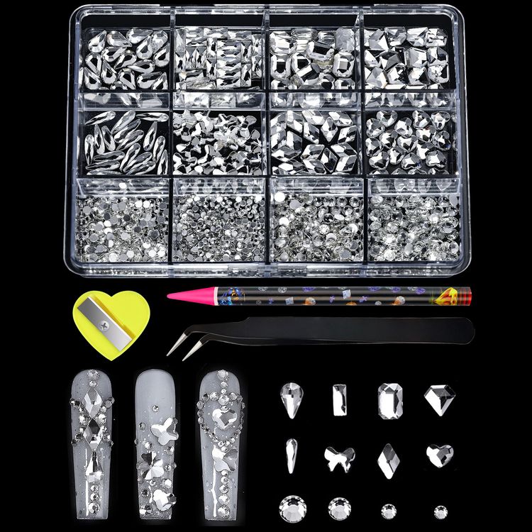 12-Grid Iridescent Flat-Back Nail Rhinestones