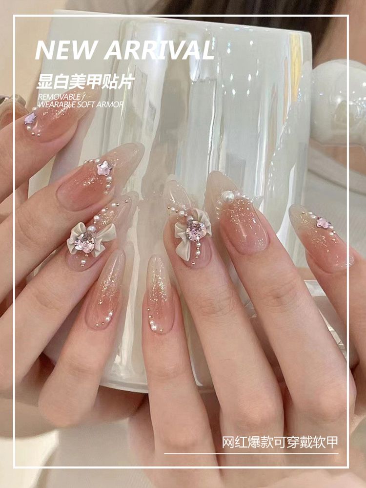 Handmade Press-On Nails with Heart & Bow Beaded Charms (30pcs)
