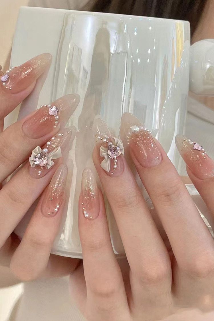 Handmade Press-On Nails with Heart & Bow Beaded Charms (30pcs)
