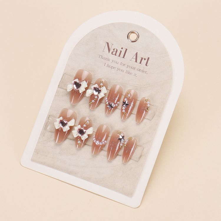 Handmade Press-On Nails with Heart & Bow Beaded Charms (30pcs)