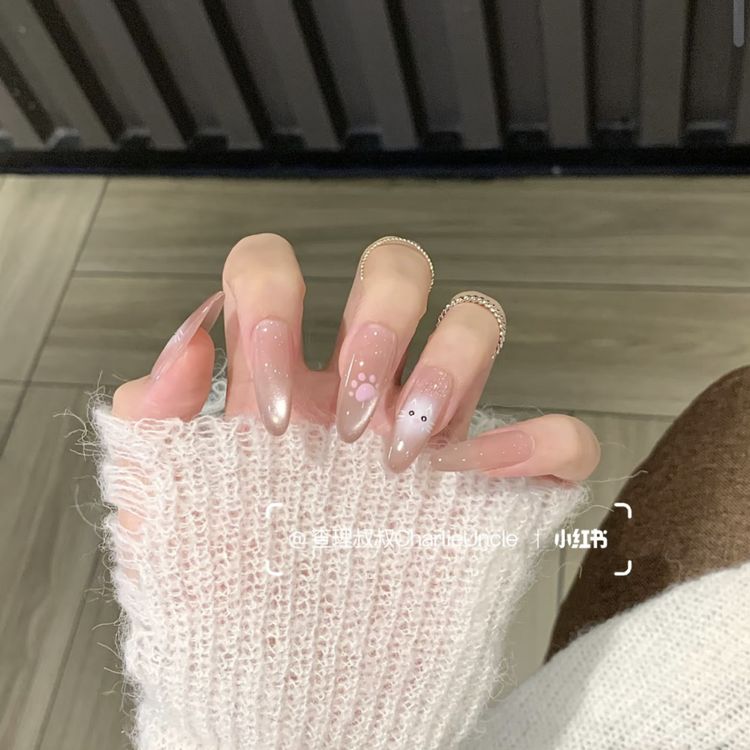 10pcs Handmade Icy Kitty Cat-Eye Long Press-On Nails