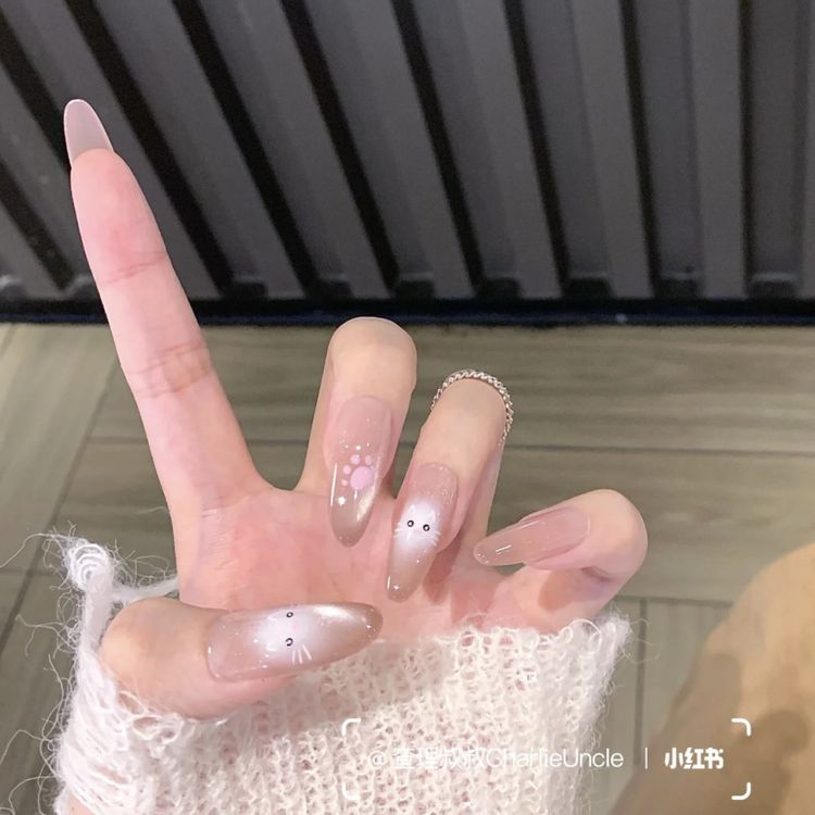 10pcs Handmade Icy Kitty Cat-Eye Long Press-On Nails