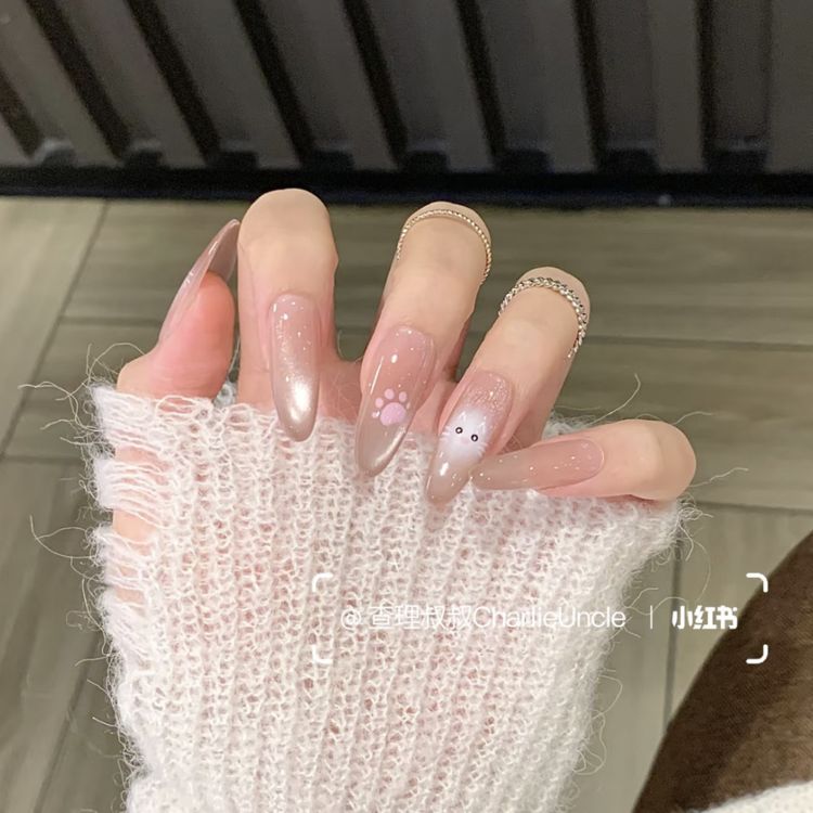10pcs Handmade Icy Kitty Cat-Eye Long Press-On Nails